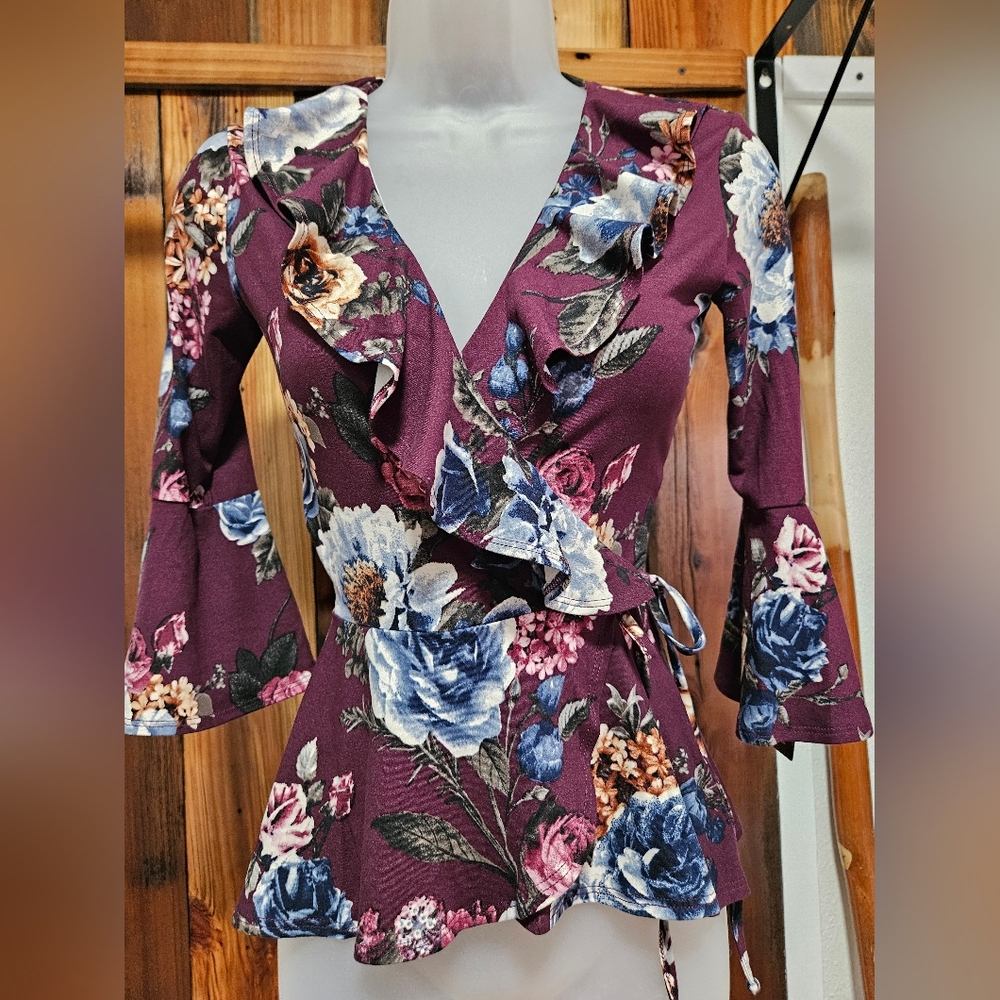 BCX Floral Ruffle Wrap Top - Purple and Blue